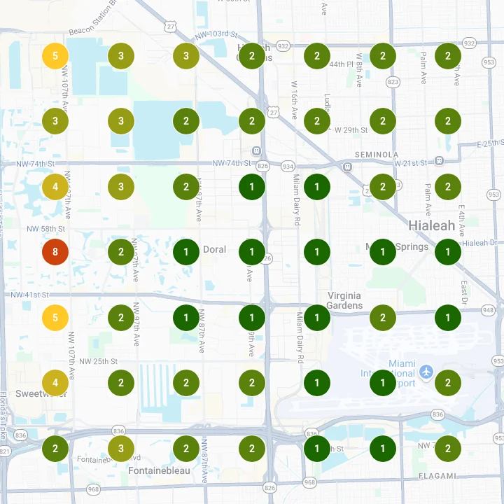 Local Falcon map, September 2026: the same 49 points, 44 of them ranked 1 to 3 for cachapas.
