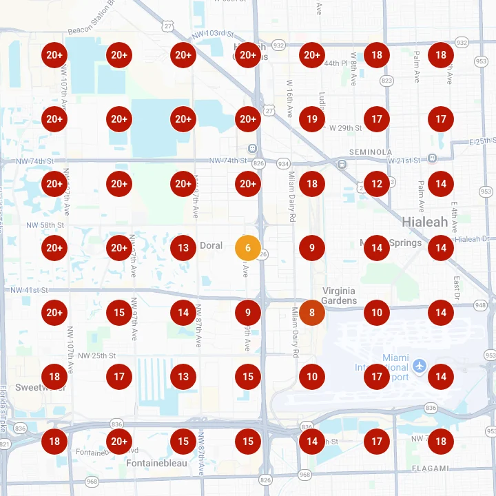 Local Falcon map, July 2026: 49 search points around K'Chapas in Doral, almost all ranked 6 to 20+ for cachapas.