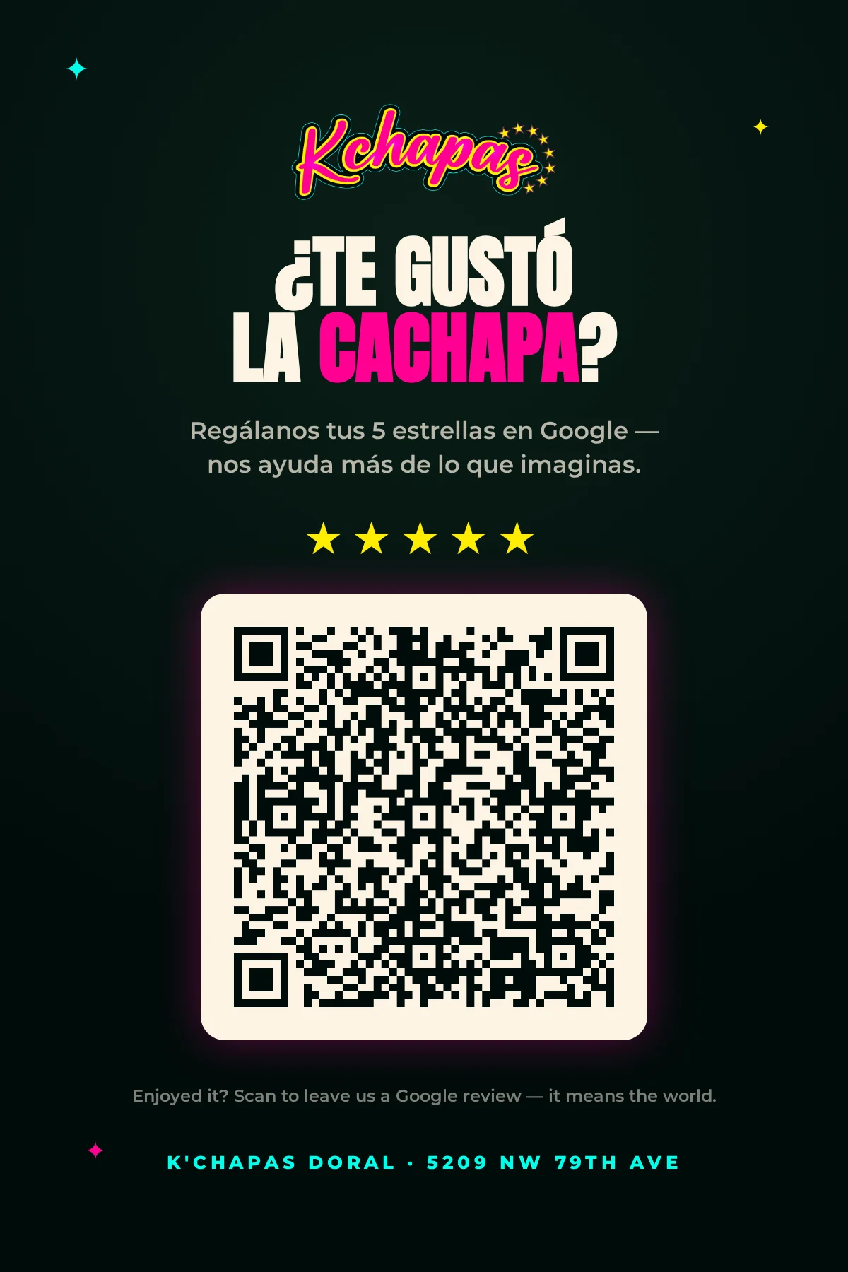 Tarjeta de reseñas de K'Chapas Doral con código QR