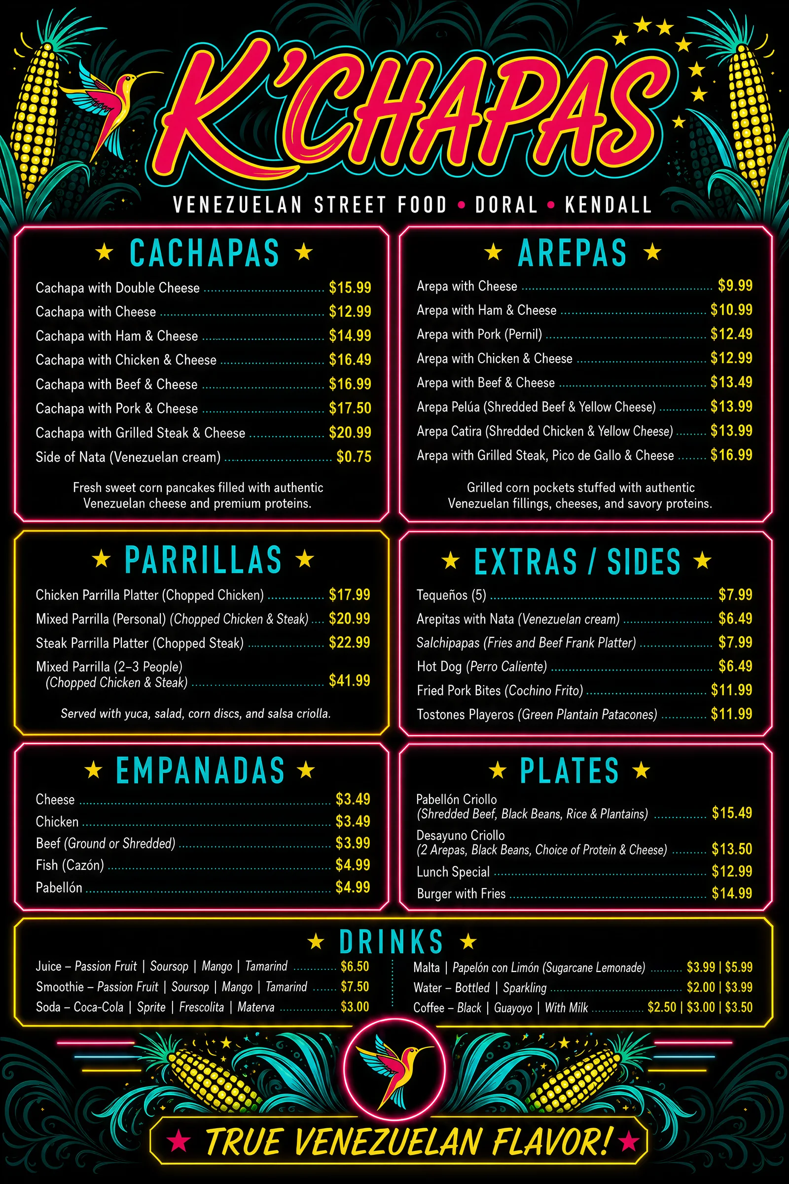 Menú de K'Chapas en inglés
