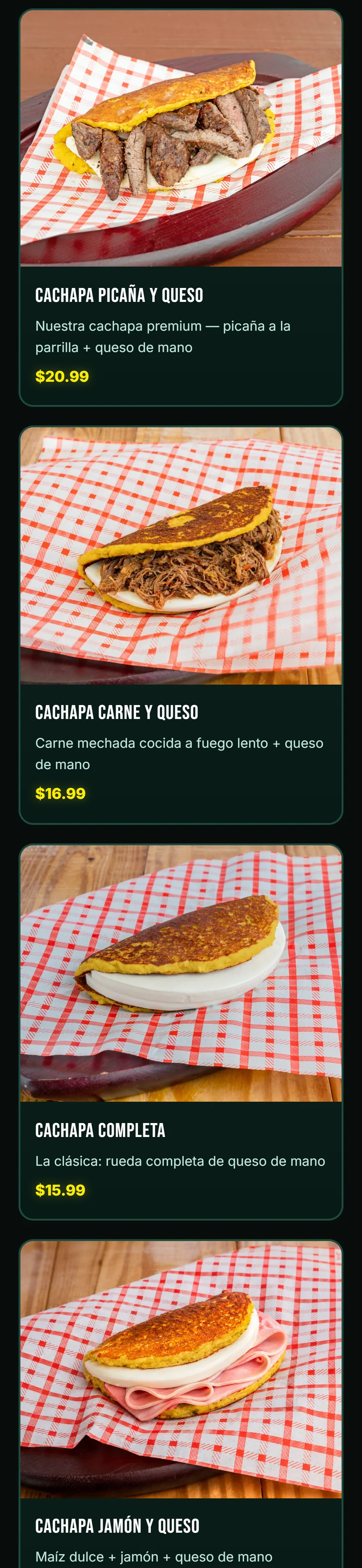 Tarjetas del menú de K'Chapas, móvil